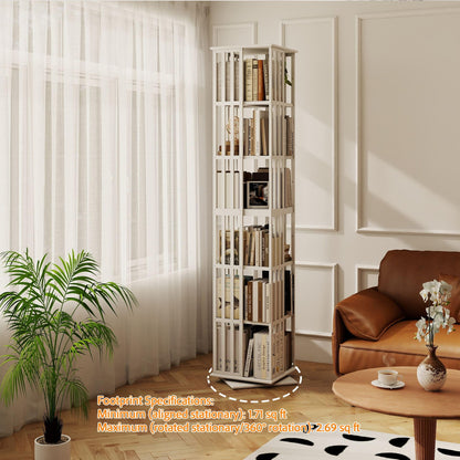 Raykion Rotating Bookshelf Tower, 6 Tier Bamboo Spinning Book Shelf, 360 Revolving Bookcase for Small Space Corner, Large Capacity Swivil Bookshelf for Living Room Bedroom Home Office, White