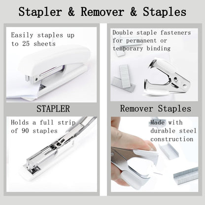 White Office Desk Accessories Supplies, 12pcs Desk Organizers and Accessories with Tape dispenser and Stapler,Staples,Staple Remover,Pen Holder,Scissor,Ruler,Sticky Tabs,Tape,Ballpoint Pen,Clips Set