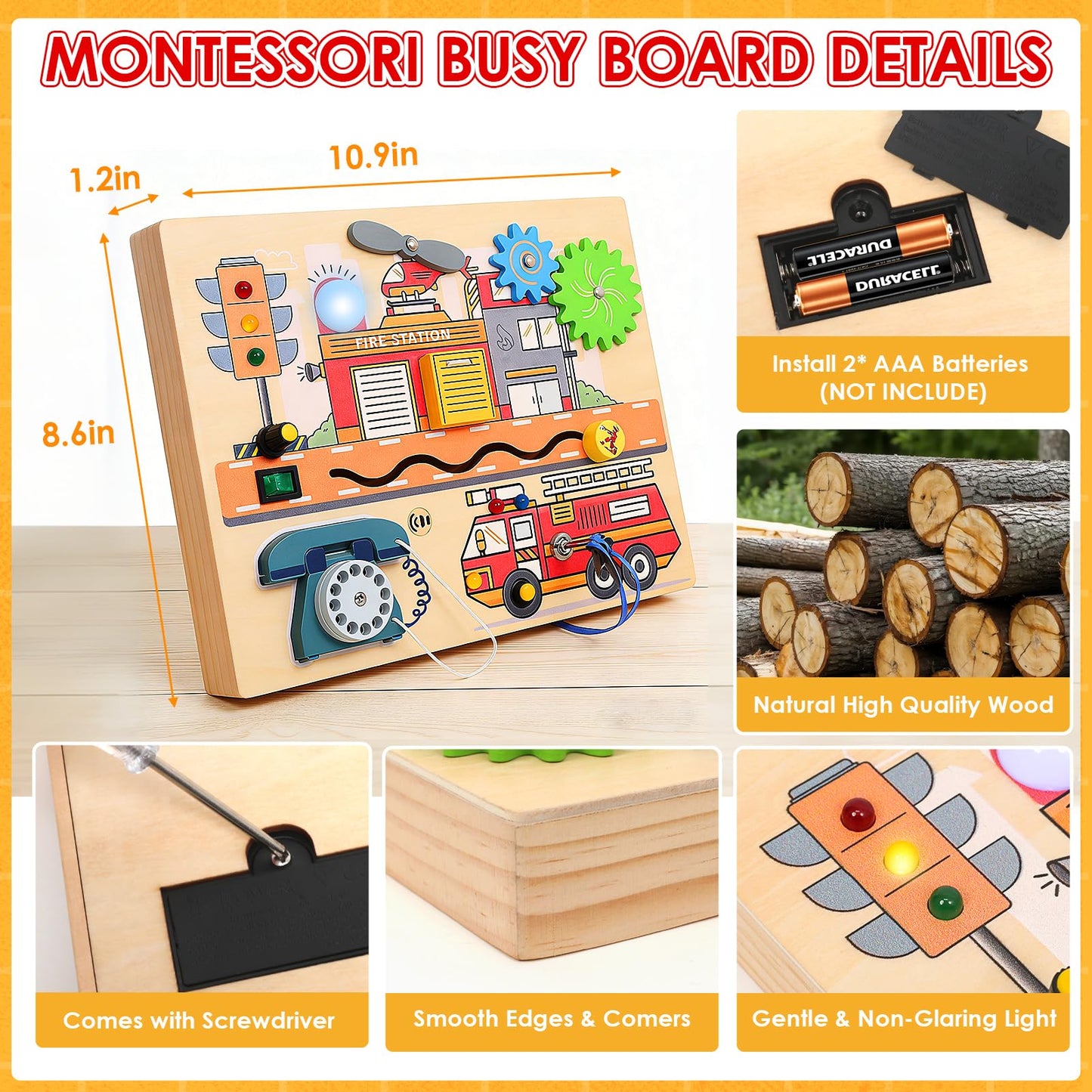 Wdmiya Montessori Busy Board for Toddlers 2-4, Fire Truck Activity Board with LED Lights & Sounds, Wooden Sensory Learning Toy with Rotary Phone, Helicopter & Gears, for 2 3 4 Year Old Boys Girls Gift