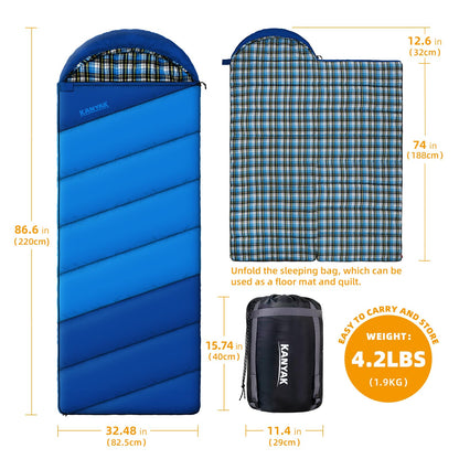 Blue Sleeping Bags for Adults Teens Cold Weather & Warm, 3 Seasons, Cotton Flannel Backpacking Sleeping Bag, Lightweight Compact Camping Essentials Equipment, Hiking, Outdoor, Travel(Double Blue-1)