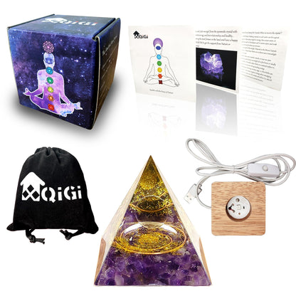 XQIGI Orgone Crystal Pyramid for Positive Energy, Light Base Natural Orgonite Amethyst Gemstone Obsidian Ball Stones, Healing Pyramids Gift for Chakra Reiki Healing Meditation Lucky Happiness Fortune