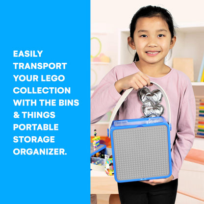 Bins & Things Storage Bin Organizer Box - Toy Storage Case for Building Blocks, Small Dolls and Accessories - Kids Toy Suitcase with Baseplate Lid - Mess-Free Organizer for Travel and Playroom