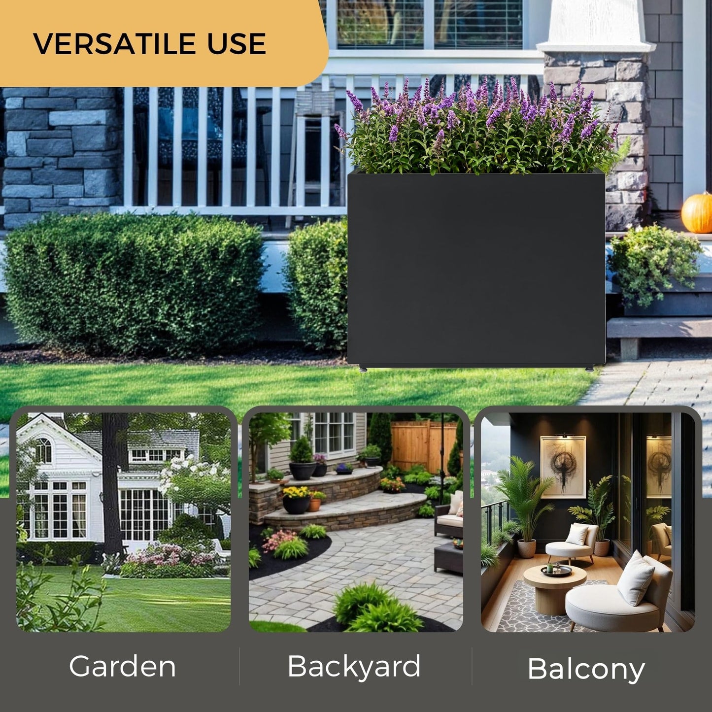 Foresland 30-Inch Tall Elevated Metal Planter, 36Wx11Dx30H Outdoor Planter Box with Removable Partition & Adjustable Feet, for Patio, Yard, Deck, Easy Assembly & Drainage Holes, Black