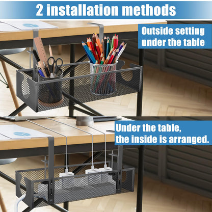 Under Desk Cable Management Tray, No Drill Steel Cord Organizer Kit with 52Pcs Different Essential Accessories for Home Office Standing Desk (13.4inch, Black)