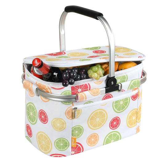 Tirrinia Large Insulated Picnic Basket, 34L Water Resistant & Leakproof Collapsible Portable Cooler Basket Set with Aluminium Handle for Travel, with a Free Foldable Grocery Bag, Yellow Lemon