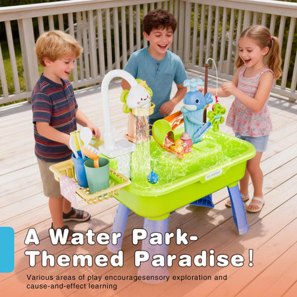 Cosminy 2026 Upgraded Water Table for Toddlers 1-3, Kids Play Sink with Running Water, Toddler Kitchen Sink Toy with Pump, Fishing Game & Sensory Water Play Toys for Boys Girls (Green)