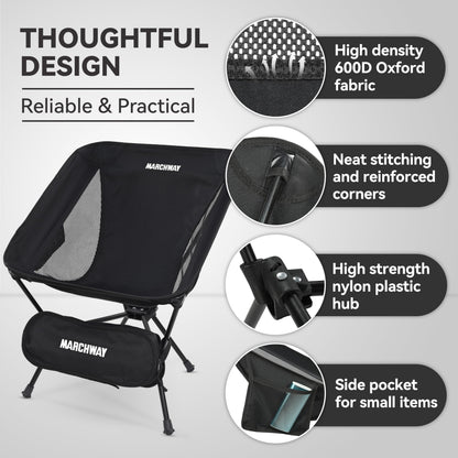 MARCHWAY Lightweight Folding Camping Chair, Portable Foldable Compact for Outdoor Camp, Travel, Beach, Picnic, Festival, Hiking, Backpacking, Supports 330Lbs (Black)