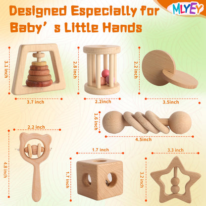 Wooden Rattles for Baby, 7PCS Wooden Montessori Toys for 7-24 Months Baby Boy Girl, Natural Beech Wood Grasping Toy, Gift for Babies