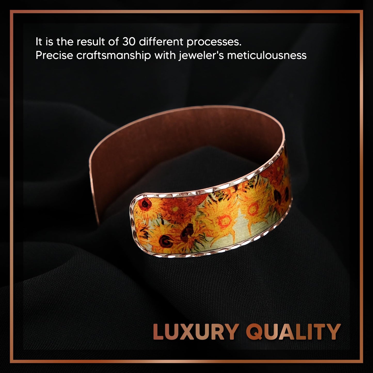 Moreni Copper Bracelet for Women – Handmade Engraved Cuff Inspired by “Sunflowers” – Artistic Pure Copper Jewelry with Gift Wooden Box