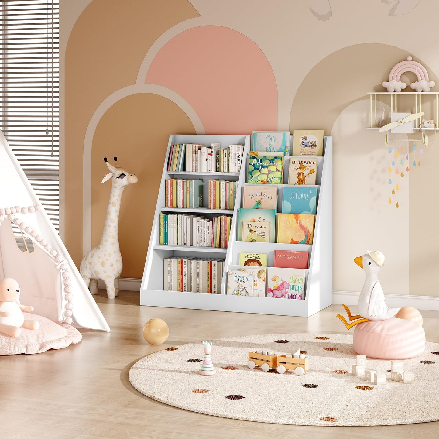 Tatub 6 Tier Kids Wooden Bookshelf and Toy Storage, Children Toy Organizer with Book Shelves, Toddler BookRack Baby Bookcase for Nursery, Playroom and Classroom, White