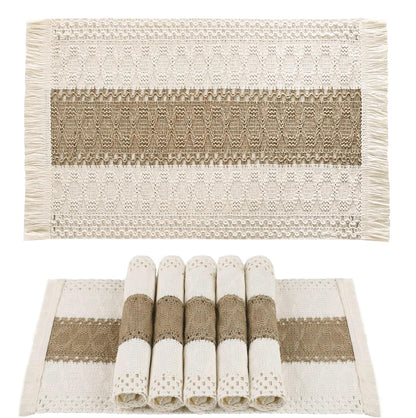 Ruvanti Cloth Placemats Set of 6 – 17.5"x12" Blend of Cotton, Polyester & Jute, Woven Placemats Washable Fabric, Table Mats Perfect for Farmhouse Kitchen, Parties, Holidays - Tobacco Band