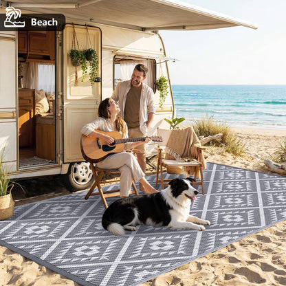 COOLTOP 8'x10’ Outdoor Rug for Patios Porches, Waterproof Plastic Camping Rugs, Modern Reversible Mat, Large Area Rugs for Backyard, Deck, RV, Balcony, Picnic, Beach, Grey & White