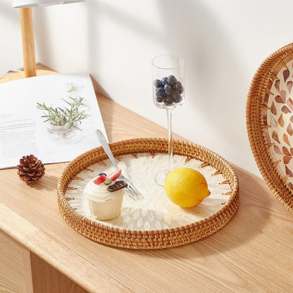 Kmelep Round Rattan Tray with Mother of Pearl Inlay, Rattan Serving Tray with Wooden Base, Decorative Wicker Basket for Table Decor, Storage and Display of Coffee Bread Food Fruit (Leaf 2)