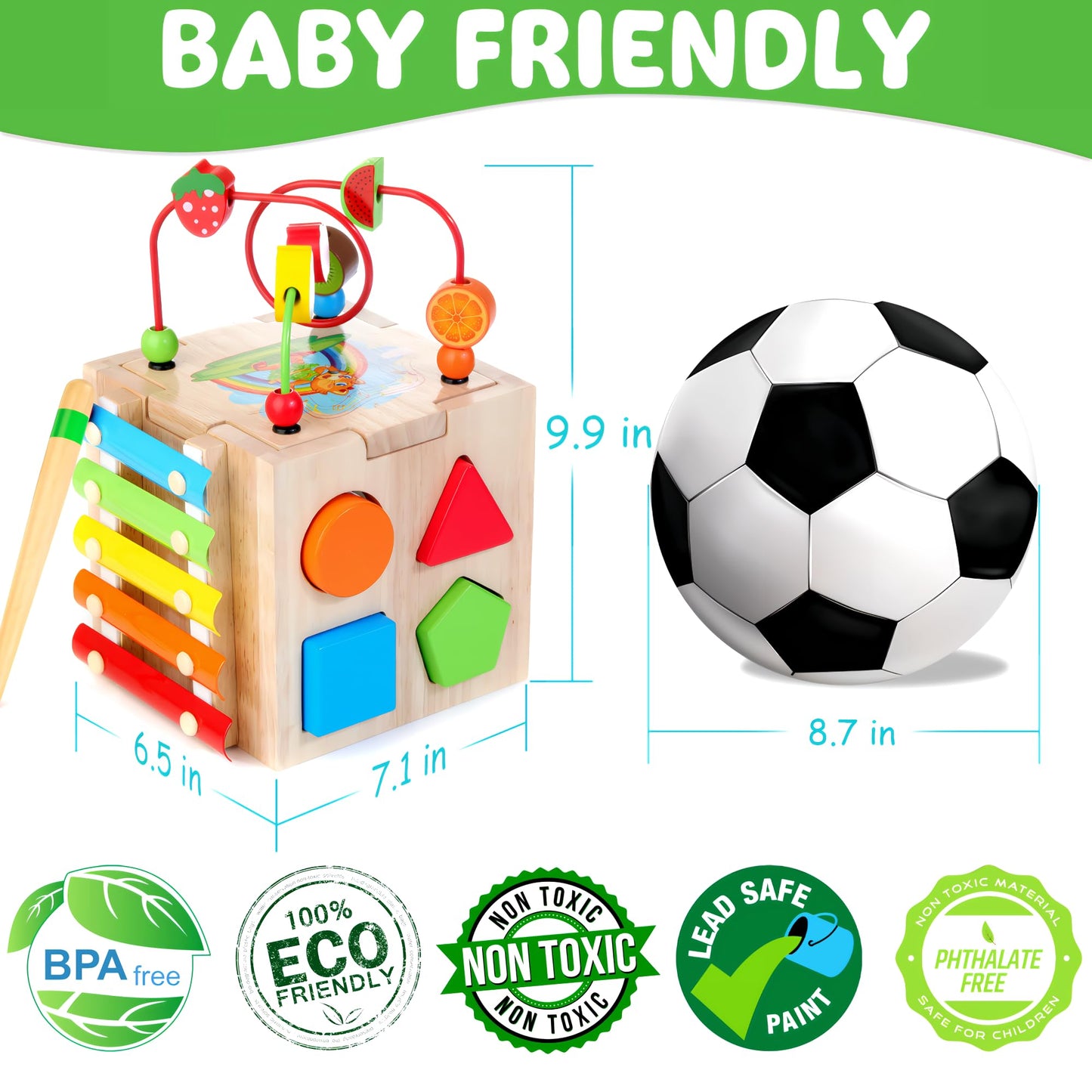 8-in-1 Wooden Baby Activity Cube - Xylophone, Shape Sorter, Abacus| 1st Birthday Gift Toys for One 1 2 3 Year Old Boy Girl | Montessori Educational Learning Toddler Toy| Bonus Sorting & Stacking Board