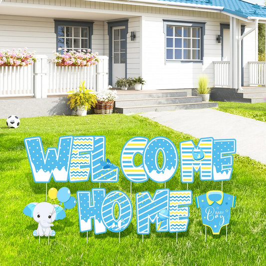 Welcome Home Baby Boy Decorations 7 Pieces Welcome Boy Yard Sign with Stakes Blue Gender Reveal Lawn Sign for Baby Shower Party Supplies Newborn Announcement Outdoor Lawn Garden Yard Decor