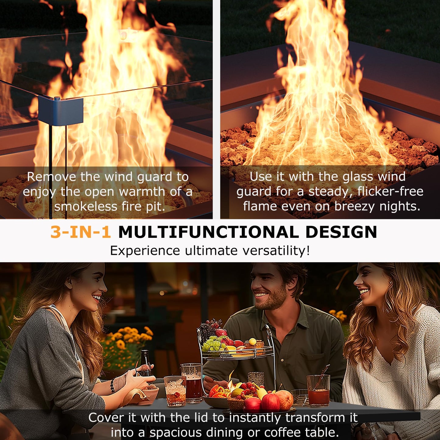 28'' Propane Fire Pit Table, 50,000 BTU Steel Gas Firepit for Outdoor Patio Deck and Garden, CSA Certified Fire Pit with Lid, Waterproof Cover, Glass Wind Guard and Lava Rock, Black