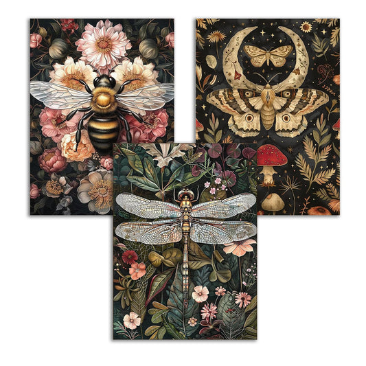Diamond Art Kits for Adults, 3-Pack Vintage Dragonflies, Moths, Bees Diamond Painting Set, Suitable for Beginners, Round 5D Full Diamond Dot Crafts, Can Be Used as Home Wall Decoration Gift 12x16 Inch
