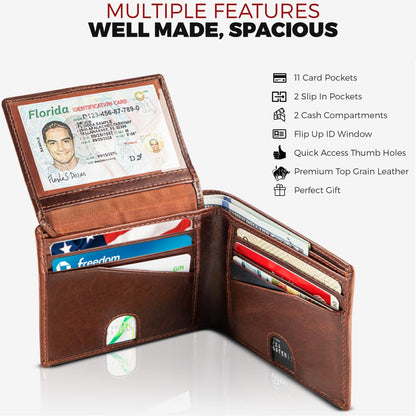 BULL GUARD Mens RFID Blocking Bifold Wallet Soft Genuine Leather Brown Western | Secure and Durable Extra Capacity Billfold with 11 Credit Cards, Flip Up ID