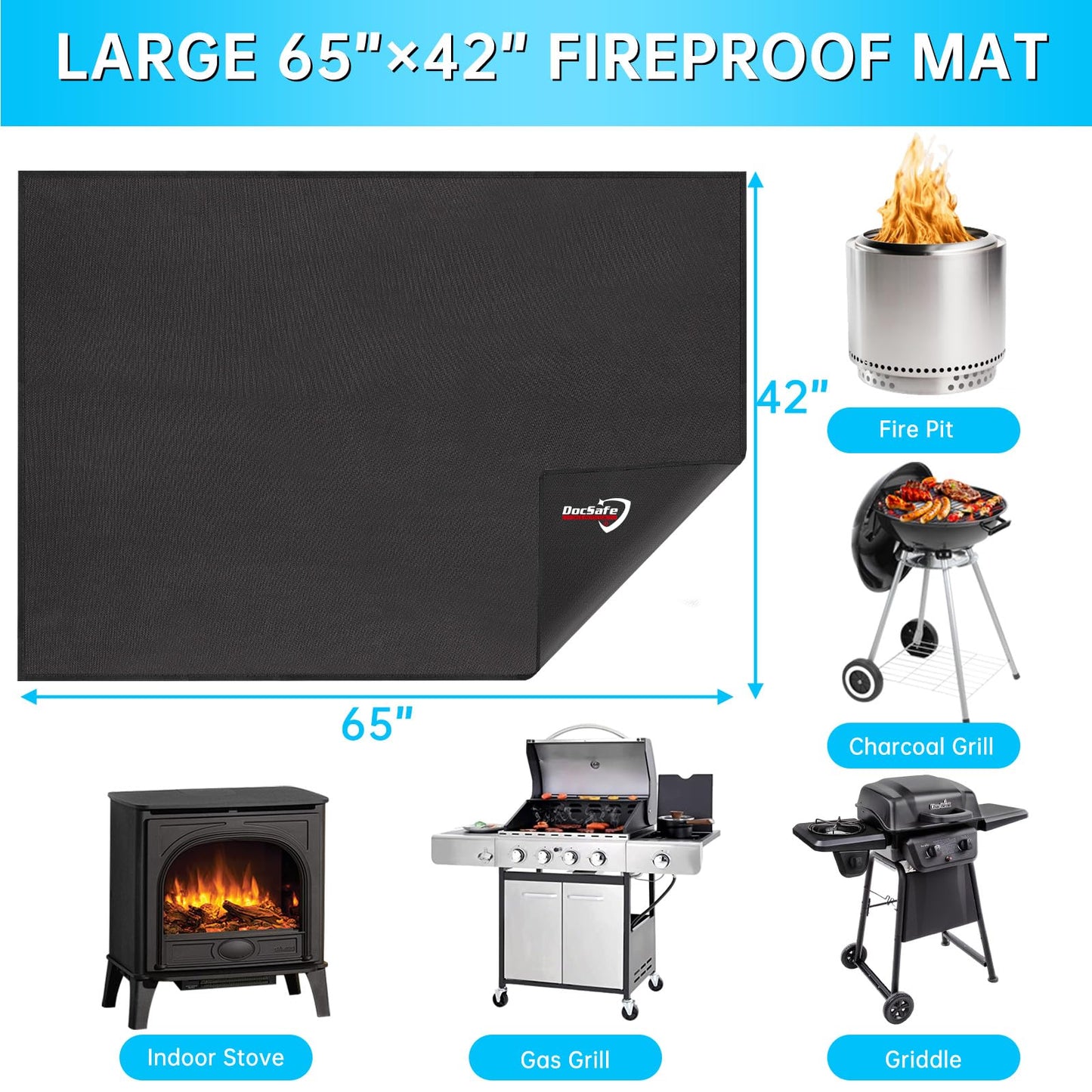 DocSafe 65 x 42 inches Under Grill Mat,Large 4 Layers Fire Pit Mat,Fireproof Mat Heat Insulated Protector for Deck,Patio,Grass,Smoker,BBQ,Reusable Oil-Proof and Waterproof Indoor Fireplace Pad,Black
