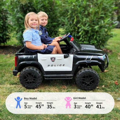 Hikiddo Electric Police Car for Kids 2 Seater, 24V 10AH Ride on Toy for Big Kids with Remote Control, 4x200W Motors, 5mph Max Speed - Black