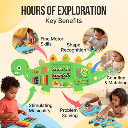 AthomBear Dinosaur Wall Busy Board with 12 Activities - Wall Toys for Toddlers 2,3,4,5 - Sensory Panel Wooden - Montessori Busy Board Learning Activity Center for Playroom and Classroom