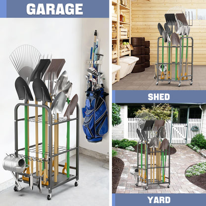 WALMANN Garden Tool Organizer with Wheels for Garage, Rakes/Shovels/Yard Tools Stand for Garden, Shed, Indoor/Outdoor Long-Handled Tools Rolling Cart(Small)