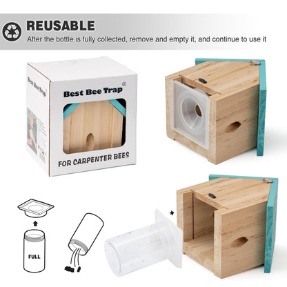 Carpenter Bee Trap for Outside - Best Bee Trap - Blue Cabin Style Nature Hanging Wood Carpenter Bee Traps Outdoor - Insect Traps with Removable Vault (1 Pack)
