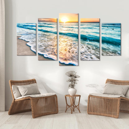 Goldfoilart 5 Pieces Beach Coastal Wall Art Sea Sunset Seascape Pictures Ocean Photography Canvas Large Horizontal Landscape Multi Framed Artwork for Bedroom Living Room Bathroom Wall Decor