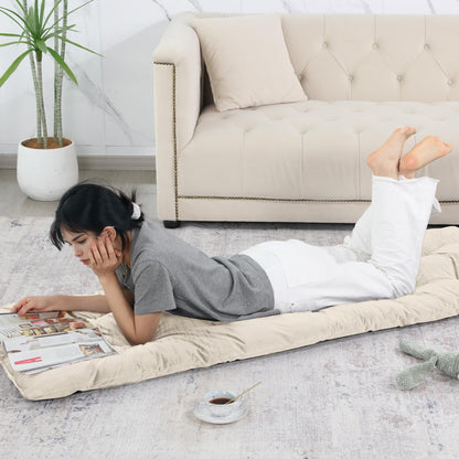 HOMBYS Floor Lounger Pillow Foldable and Tufted Design Long Floor Cushion for Yoga, Reading, Sleeping, Meditation, Elastic Band for Roll Up and Easy Storage, Machine Washable (Beige, 62"x27")
