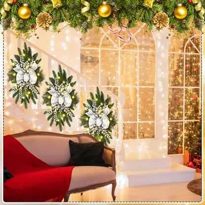 Hiboom 3 Pack Artificial Christmas Teardrop Swags 24" Xmas Cordless Prelit Stairway Swag Christmas Garland Stairs Rails Decoration with LED Lights for Indoor Outdoor(Silver,Classic Style)