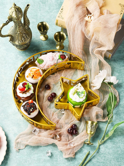 2PCS Ramadan Serving Trays Decorations for Home - Moon Star Shaped Eid Mubarak Table Decor Gifts, Islam Muslim Al-Fitr Iftar Party Crescent Iron Platters Dishes(Palace Pattern)