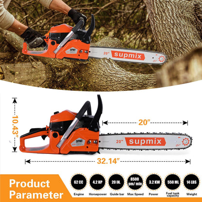 SUPMIXTOOLS 62cc Gas Chainsaw 20 Inch Gas Powered Chainsaws 2-Cycle Petrol Handheld Gasoline Chain Saw Power Saws for Cutting Wood Tree Trimming