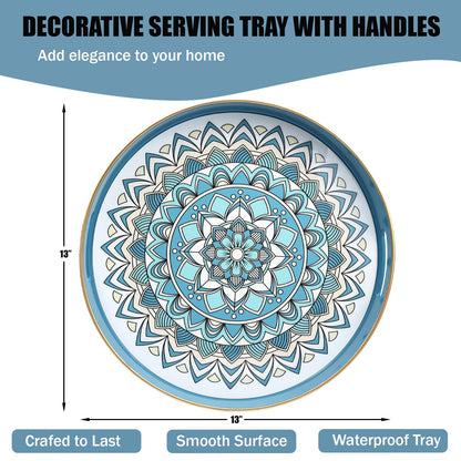 SforGUVA Round Cyan Decorative Tray for Coffee Table, Ottoman, 13” Plastic Serving Platter Tray with Handles for Entertaining, Living Room