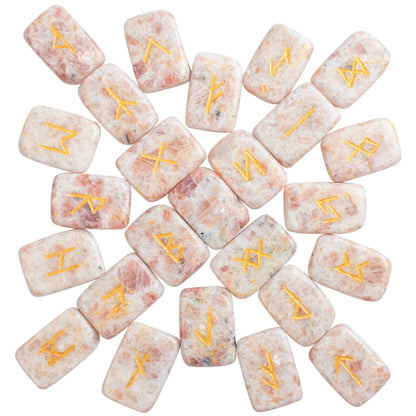 Crocon Sunstone rectangle shape gemstone runes with Elder Futhark Alphabet Engraved 25 pcs rune set Crystal Divination metaphysical Healing Chakra Reiki runes set with a pouch Size : 2025mm