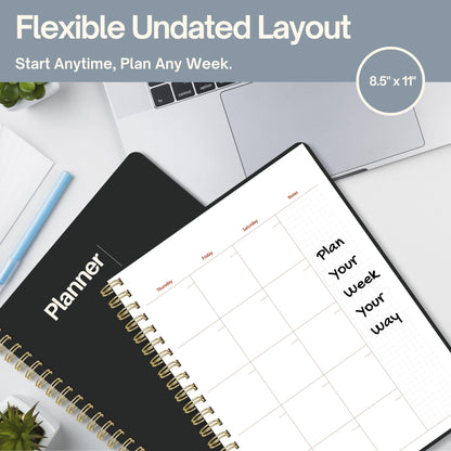 Undated Weekly Planner, 8.5x11” – Dashboard Layout with Yearly Review, Monthly Calendars, & Weekly To Do List, Spiral Bound Organizer for Work, Study & Life (Black)