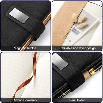 A5 Lined Leather Notebook and Pen Set with Gift Box, 240 Pages Refillable Journal with Pocket and Magnetic Buckle, Hardcover Daily Diary for Men and Women Business Travel Personal Writing- Black