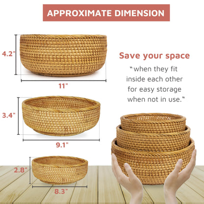 CLAYNIX Woven Fruit Basket For Holder Bowl Decorative Bread Vegetable, Serving Bowl Set of 3 For Organizing Kitchen Natural Rattan Picnic Basket Round Stackable (Natural)
