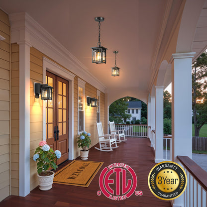 OPAXIS Dusk to Dawn Outdoor Pendant Light Fixtures, Modern Black Outdoor Hanging Lights with Photocell Sensor, Waterproof Exterior Chandelier for Porch, Outside Pendant Lantern with Adjustable Chain