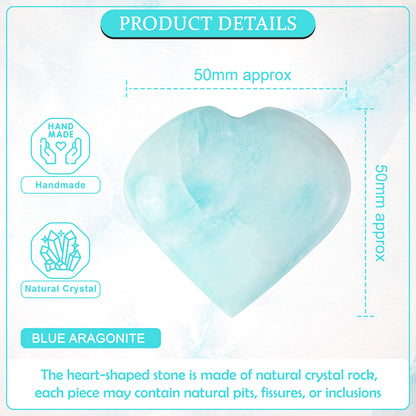 Crocon 50mm Blue Aragonite Heart Stone Big Heart Shape Puff Stones Set 450+ Carats Pocket Crystal Healing Tumble Collection Palm Worry Stone Good Luck Charm Meditation Gift Craft Home Decor