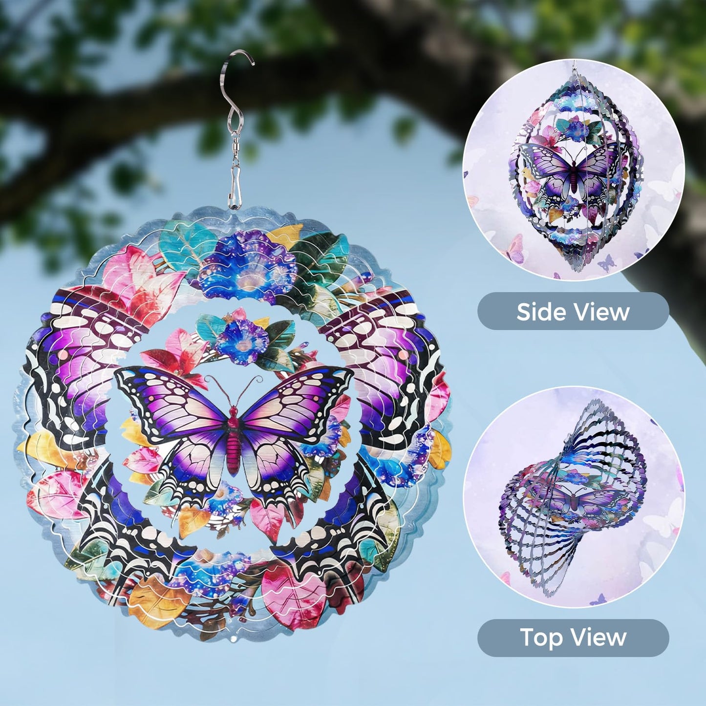 Ayadon Butterfly Wind Spinners Outdoor, 10 Inch Laser-Cut Stainless Steel Metal Wind Spinners, 3D Kinetic Hanging Sculpture, Metal Yard Art, Garden Decor, Butterfly Gifts for Women, Men, Mom, Grandma