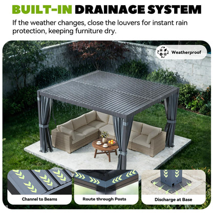 MELLCOM Louvered Pergola 12x12, Steel Aluminum Pergola with Adjustable Louvered Roofs, Outdoor Gazebo with Waterproof Curtains and Nets, Black