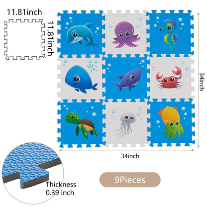 PLAY 10 Puzzle Play Mat, Foam Floor Tiles, Children’s Foam Puzzle Mat Baby Floor Play Mat 34×34 Inches Sea World 9 Pieces, Edge Tooth A