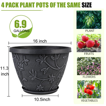 Nooulap 4 Pack 16 Inch Large Plant Pot for Outdoor, Plastic Flower Pot Indoor with Drainage Hole & Saucer, Modern Decorative Garden Pot, Imitation Magnolia Garden Pots for House Planters（Gray）