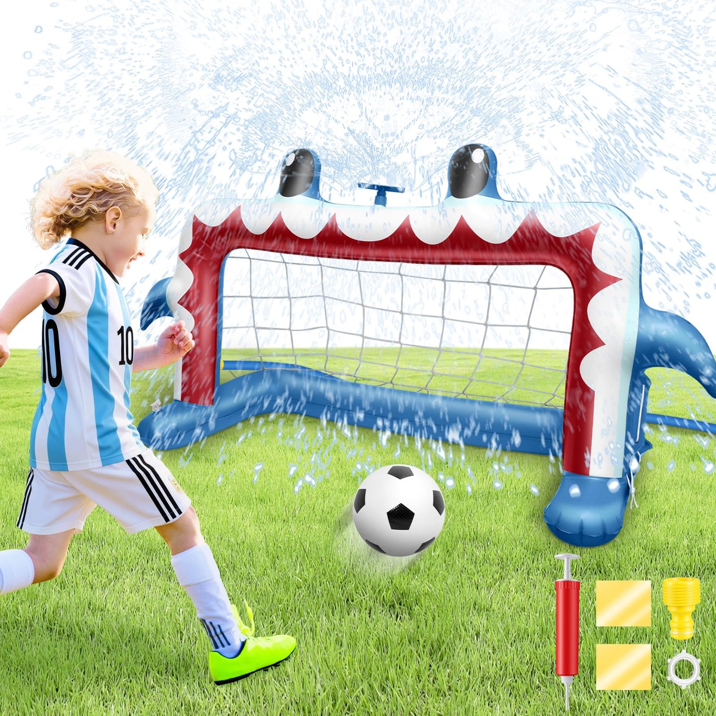 Intoypad Water Sprinkler Soccer Toys, Inflatable Shark Soccer Goal Sprinkler with a Soccer Ball Backyard Outdoor Summer Toys for Boys Girls Outside Yard Water Football Game Toys for Kids Ages 3-8