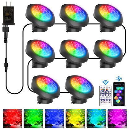 T-SUN Pond Lights LED Underwater – IP68 Waterproof Smart App & Remote Submersible Fountain Lights with 16 Million Colors Dimmable Timer for Outdoor Koi Pond Garden Waterfall Aquarium(Set of 8)