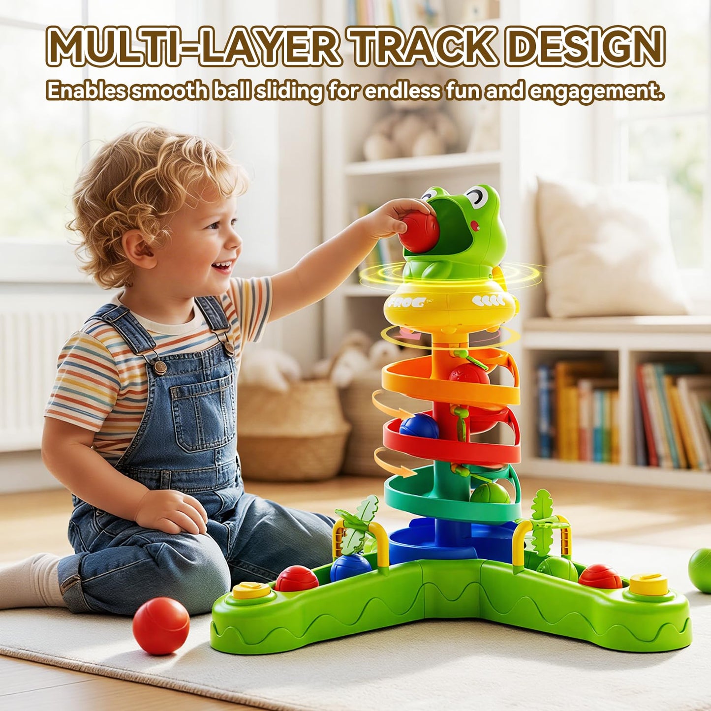 KNMDU Frog Ball Drop Toy for Kids, 5 Layer Roll Swirling Ball Tower with 12 Balls, Spin and Learn Shoot Balls Drop Montessori Toy, Gifts for Toddler Boys Girls 2 3 4 5 6 7 8+ Years Old (2 Player)