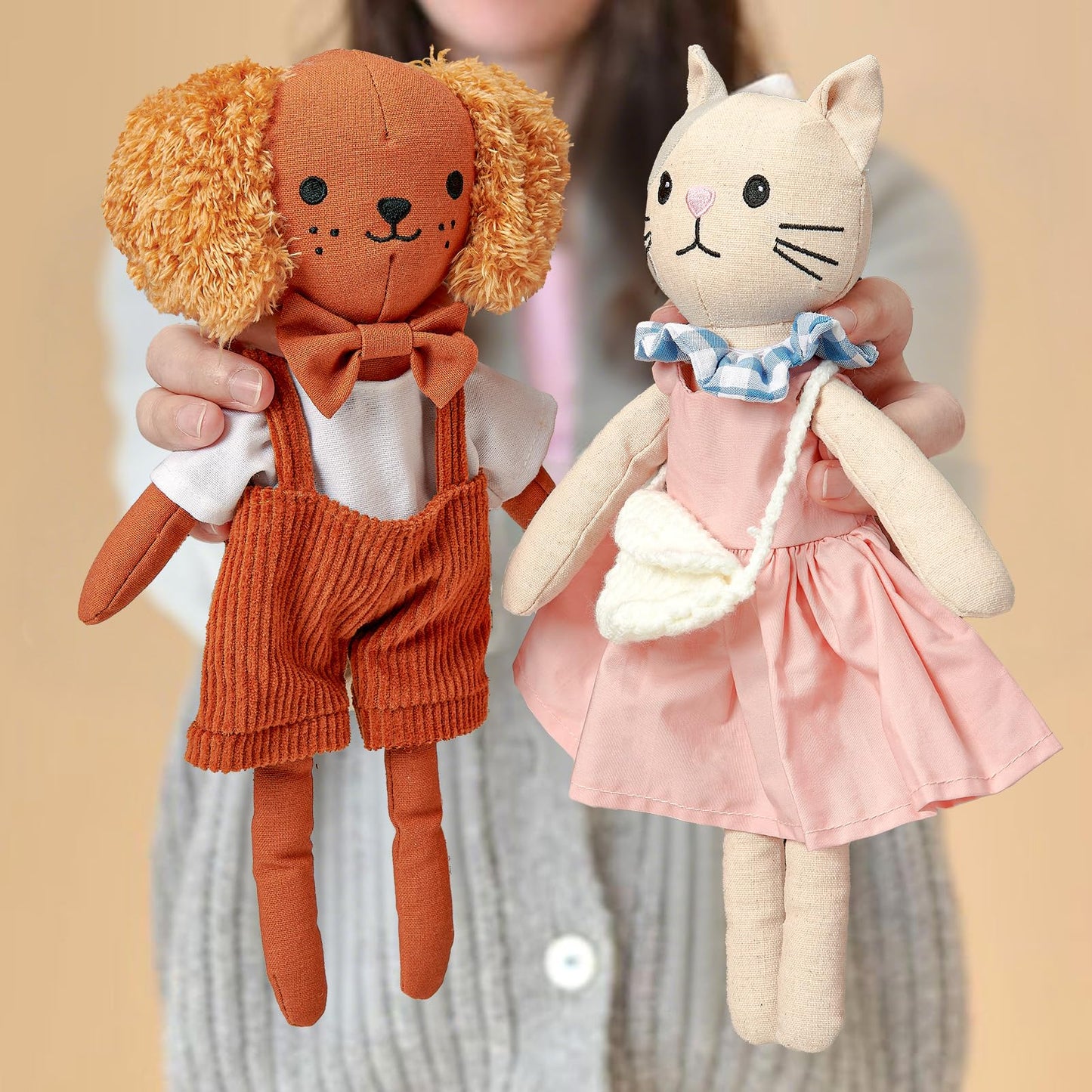 Golray Portable Dress Up Plush Doll Set with Storage Case, Cat & Dog Stuffed Animal Toys, Doll Clothes with Wooden Hangers & Suitcase Wardrobe Travel-Ready Toy Organizer, Gifts for Girls Ages 3+