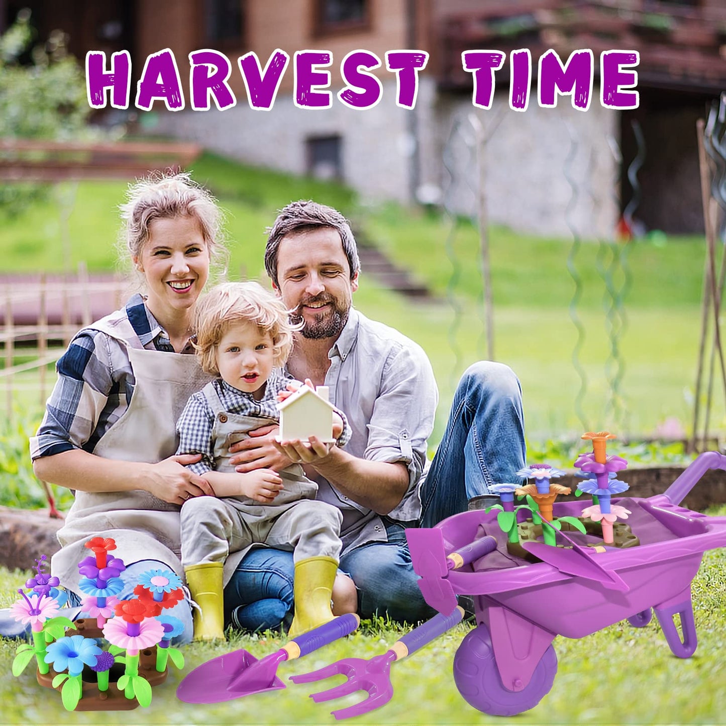 Qtioucp 16Pcs Kids Gardening Tools Outdoor Toys Set Backyard Play with 93 PCS DIY Flower Garden Building Preschool Activities (Purple)