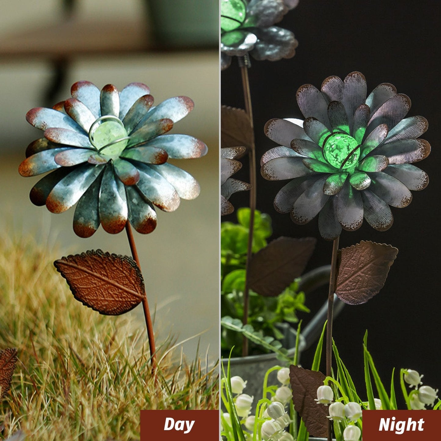 CEDAR HOME Galvanized Floral Garden Stake Outdoor Glow in Dark Plant Pick Water Proof Metal Stick Art Ornament Decor for Lawn Yard Patio, 4"W x 1.5"D x 13.8"H, 3 Set