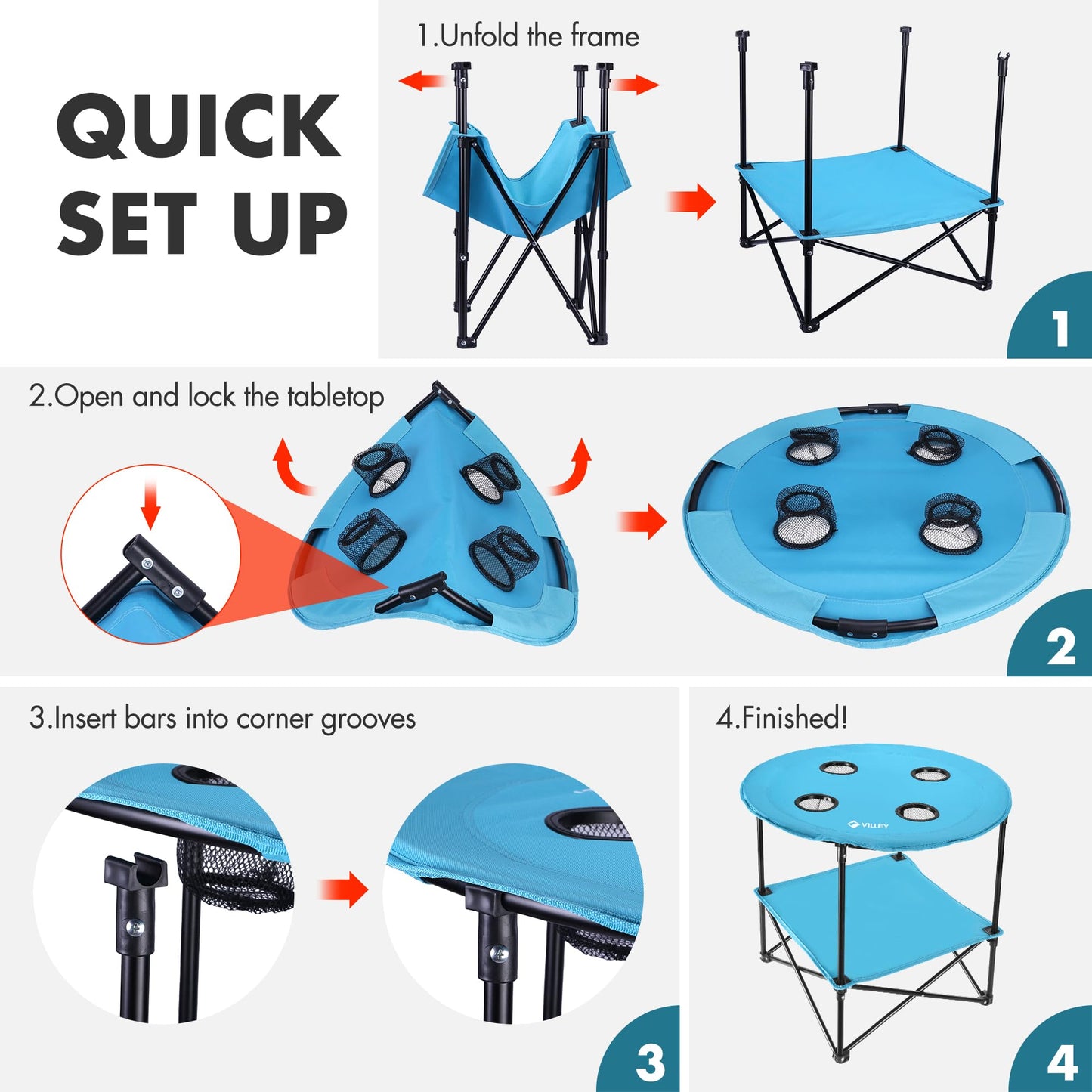 VILLEY Folding Camping Table, Lightweight Double-Layer Round Table with 4 Cup Holders and Carry Bag, Portable Beach Table for Camp, Travel, Fishing, Outdoor Activities, Blue